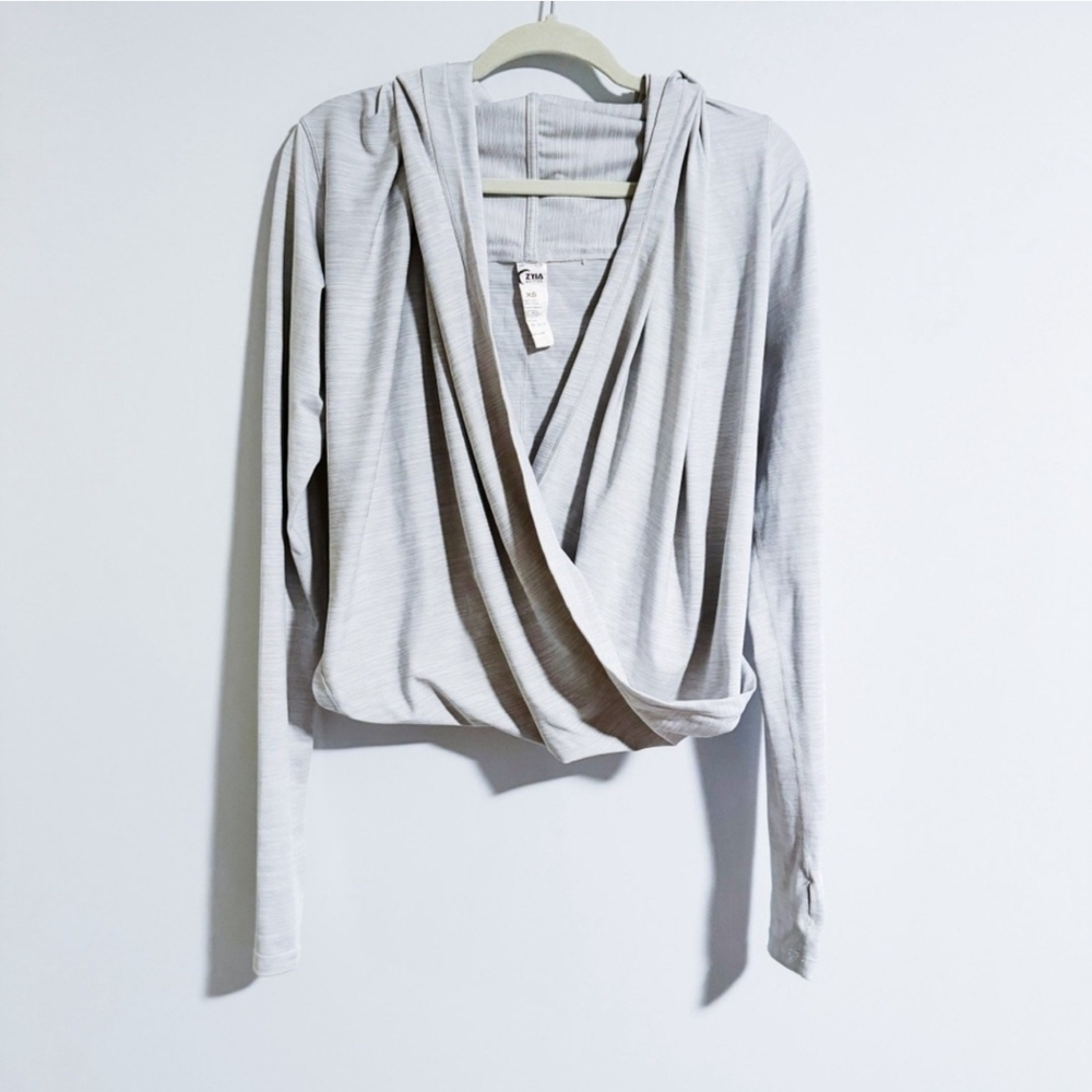 Zyia Gray Drape Front Hoodie Top